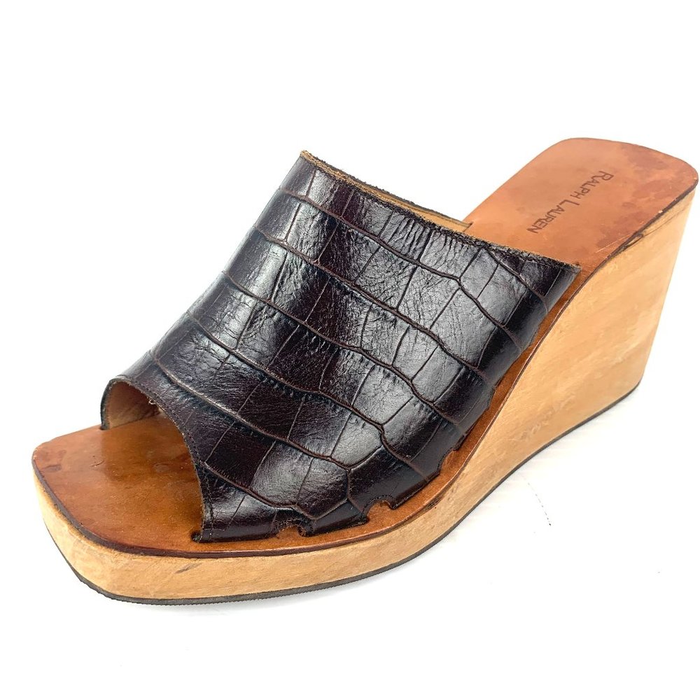 RALPH LAUREN Brown Embossed Leather Wooden Wedge Slip On Sandals